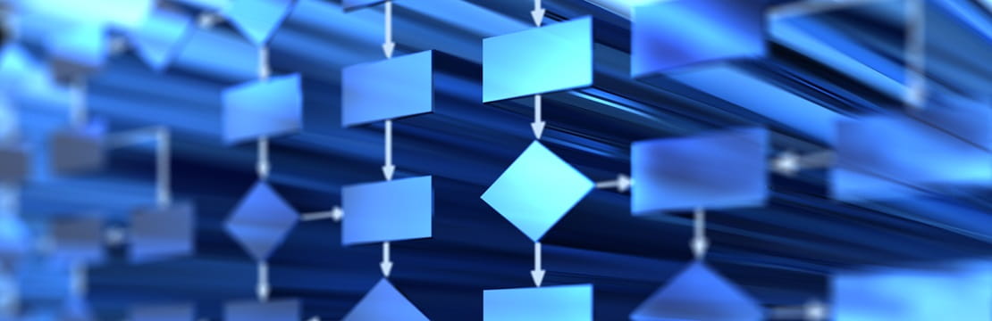 A complex flowchart with interconnected rectangles and diamonds arranged in a three-dimensional perspective